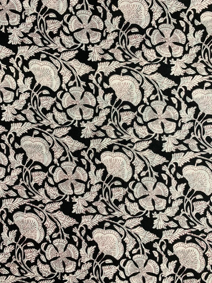 Indian Block Print Cotton Fabric - Black & White Floral With Red