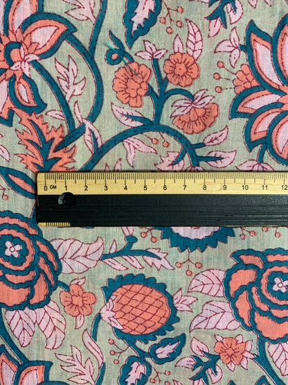Indian Block Print Cotton Fabric - Beige With Orange & Peach Floral