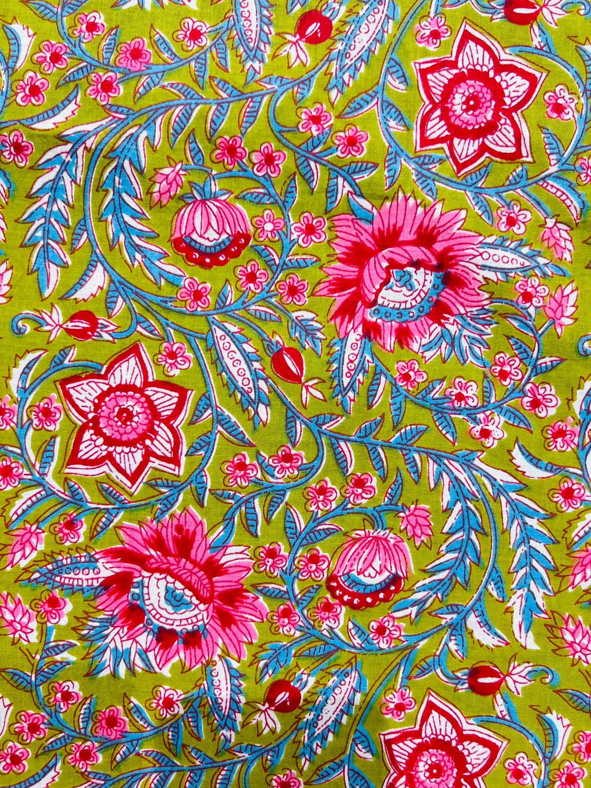Cotton Screen Print Fabric - Green With Pink Floral
