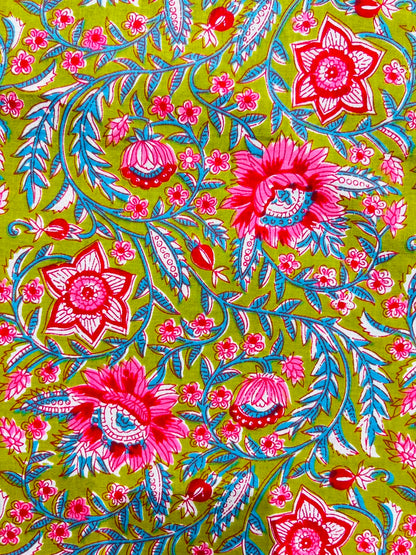 Cotton Screen Print Fabric - Green With Pink Floral