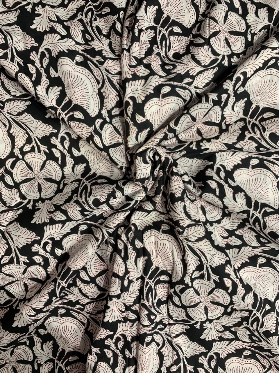 Indian Block Print Cotton Fabric - Black & White Floral With Red