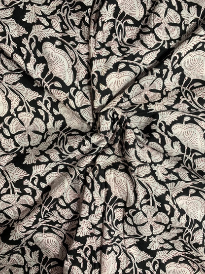 Indian Block Print Cotton Fabric - Black & White Floral With Red