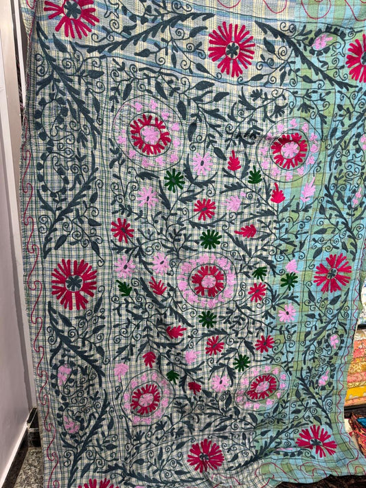 Suzani Embroidered Kantha Quilt - Green & Pink Floral