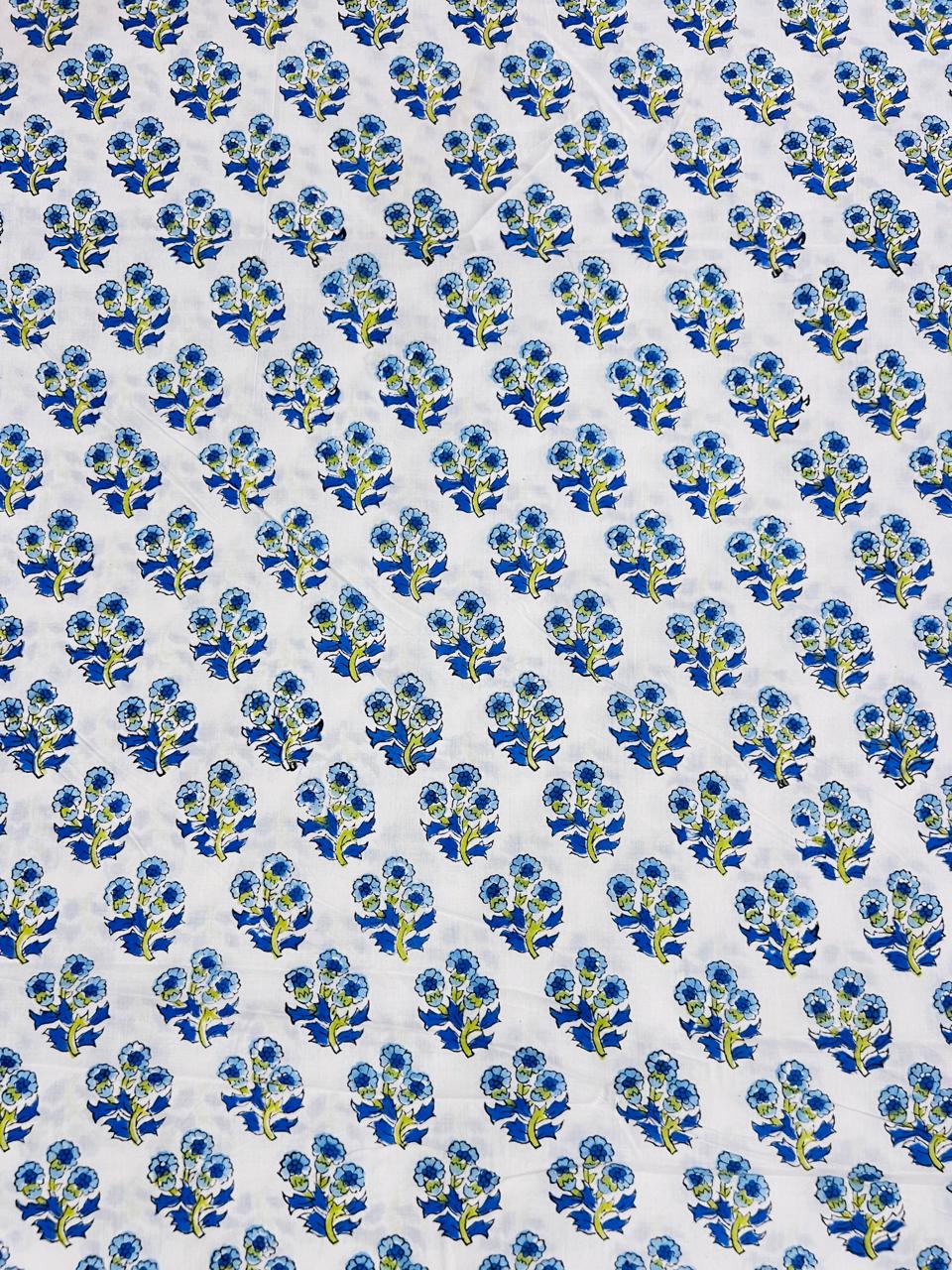 Indian Block Print Cotton Fabric - Blue & Yellow Flowers