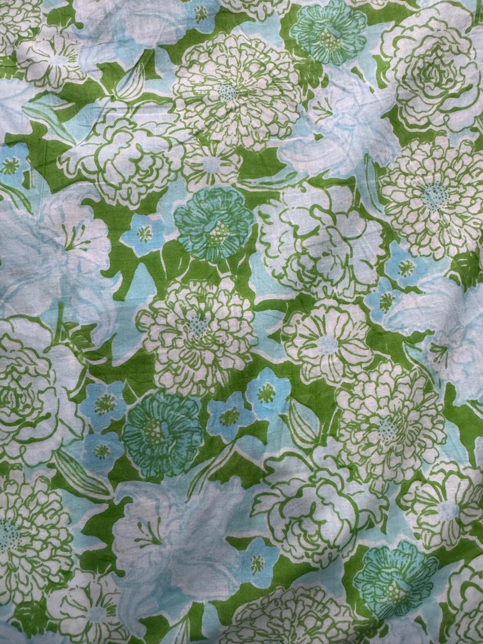 Cotton Screen Print Fabric - Green, White & Turquoise Floral