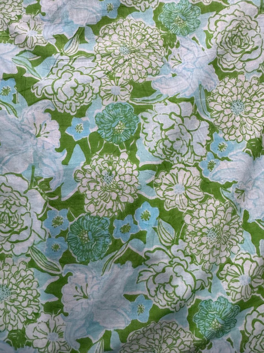 Cotton Screen Print Fabric - Green, White & Turquoise Floral
