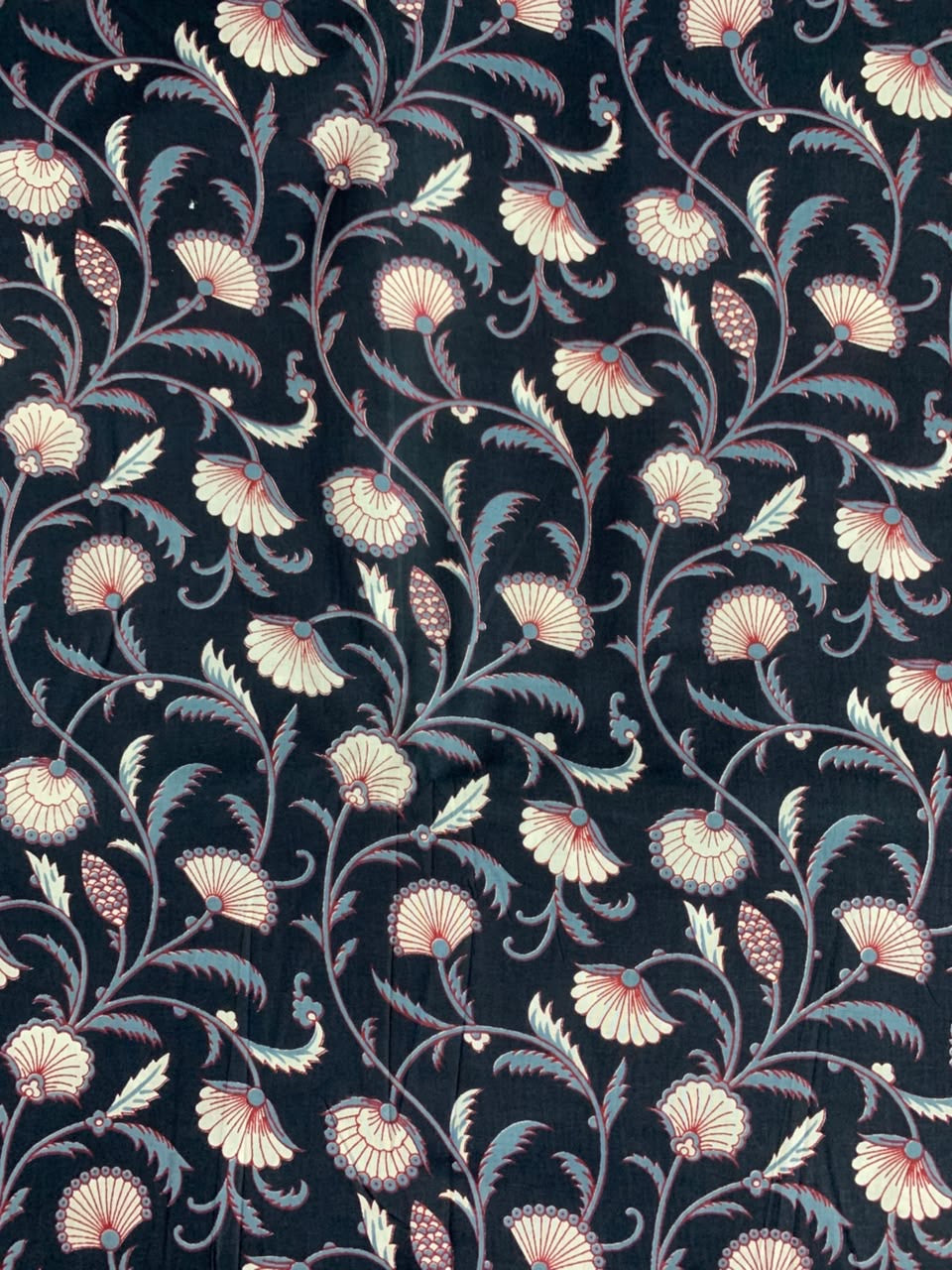 100% Indian Cotton Fabric - Navy With Sky Blue, White & Red Floral