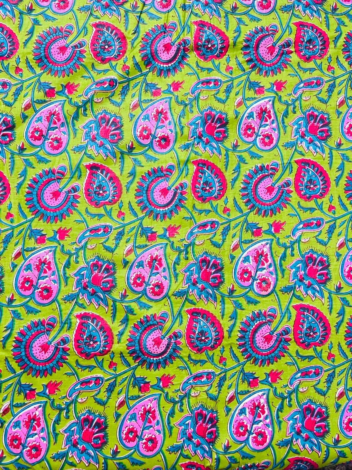 Cotton Screen Print Fabric - Bright Green Paisley