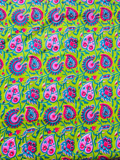 Cotton Screen Print Fabric - Bright Green Paisley