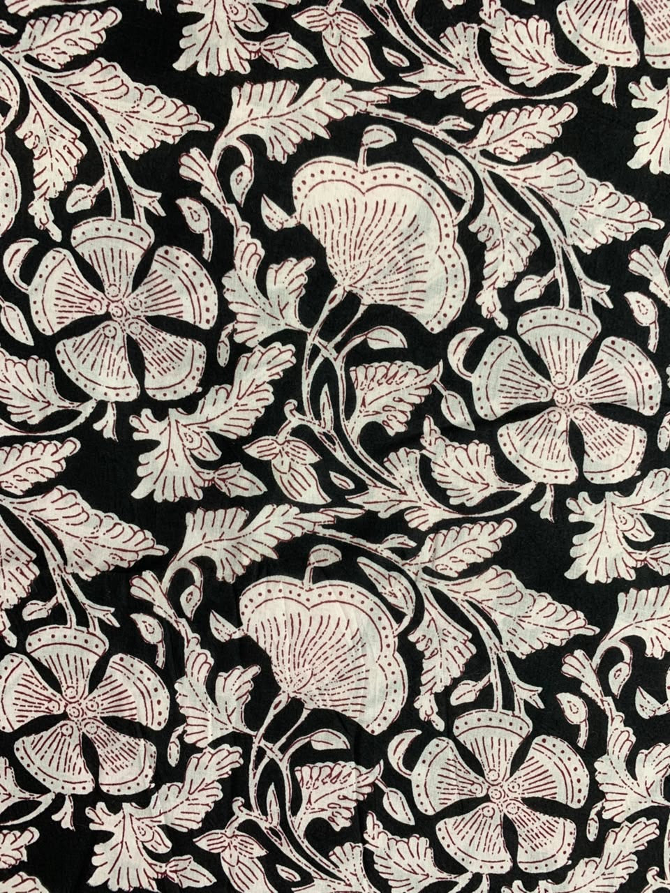 Indian Block Print Cotton Fabric - Black & White Floral With Red