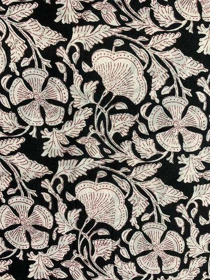 Indian Block Print Cotton Fabric - Black & White Floral With Red