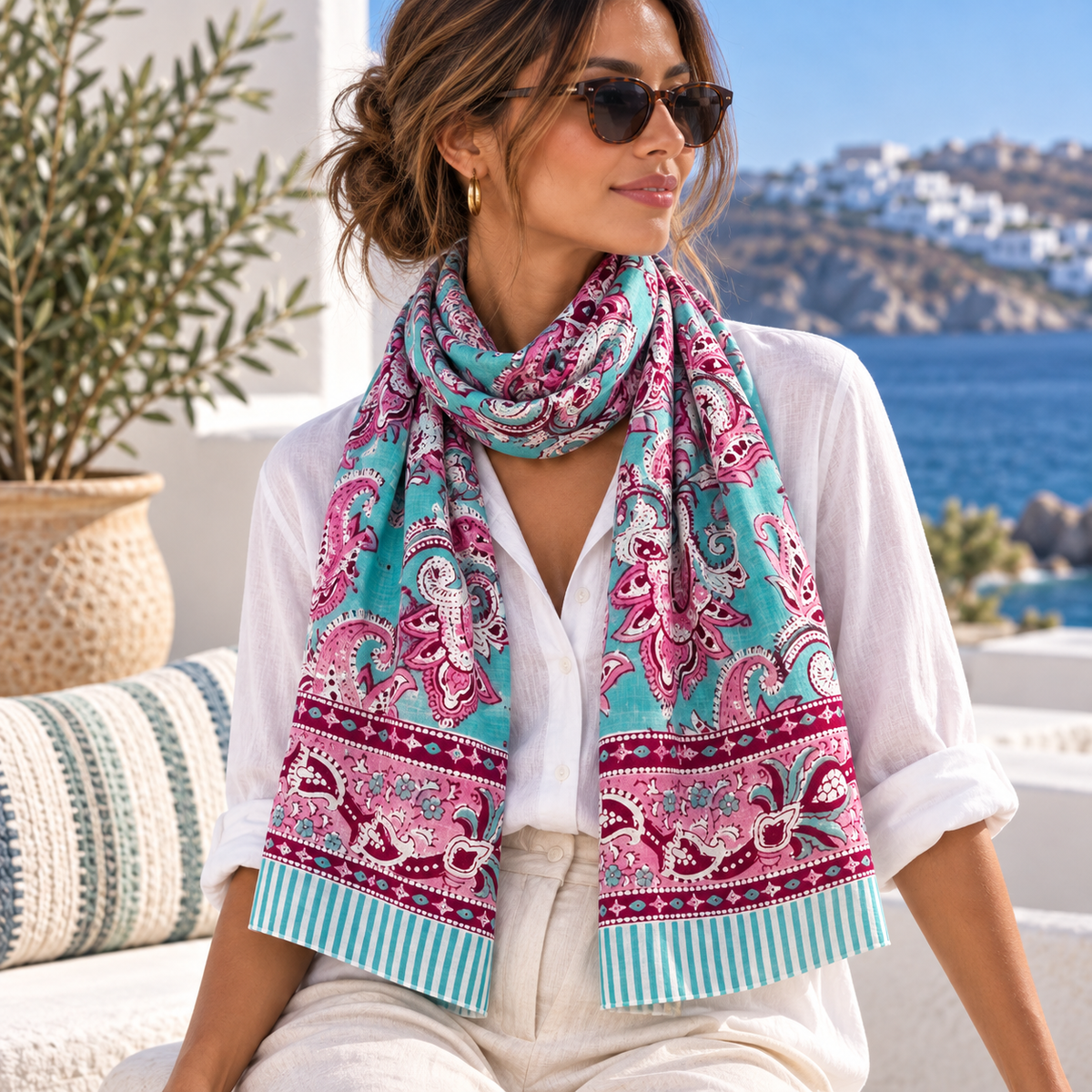 Block Print Cotton Sarong - Pink & Turquoise