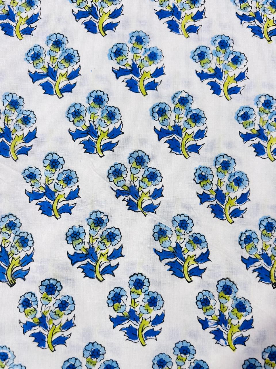 Indian Block Print Cotton Fabric - Blue & Yellow Flowers