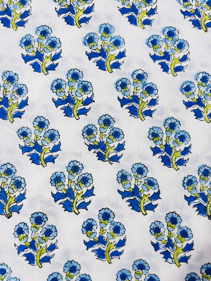 Indian Block Print Cotton Fabric - Blue & Yellow Flowers