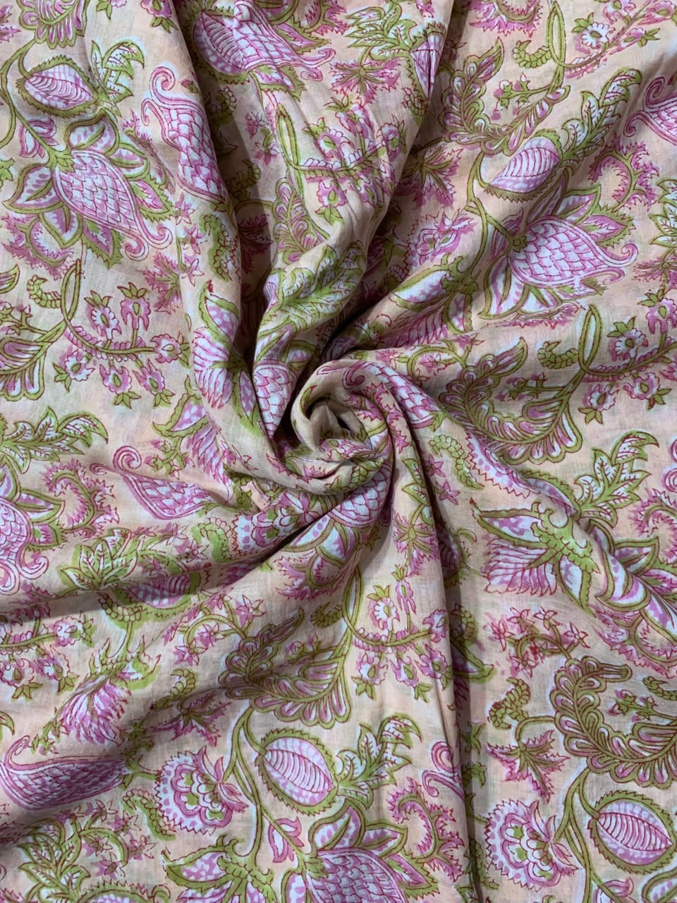 Indian Block Print Cotton Fabric - Pink Bell Floral on Cream
