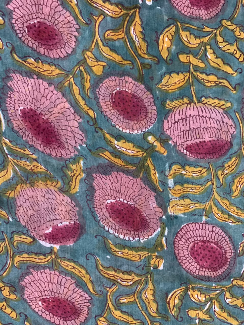 Indian Block Print Cotton Fabric - Turquoise with Pink Floral