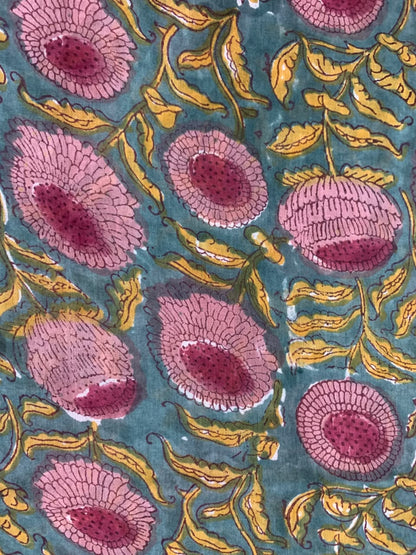 Indian Block Print Cotton Fabric - Turquoise with Pink Floral