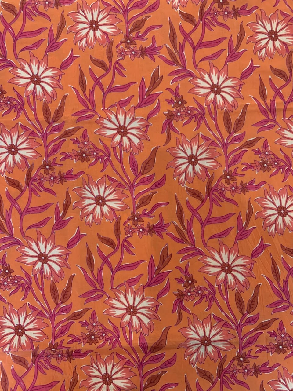 Indian Block Print Cotton Fabric - Orange With White Daisy & Pink Leaves