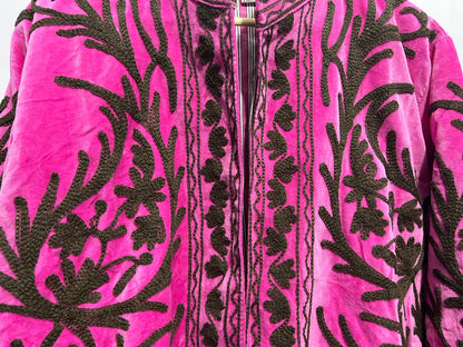 Suzani Embroidered Velvet Jacket - Hot Pink With Brown Floral