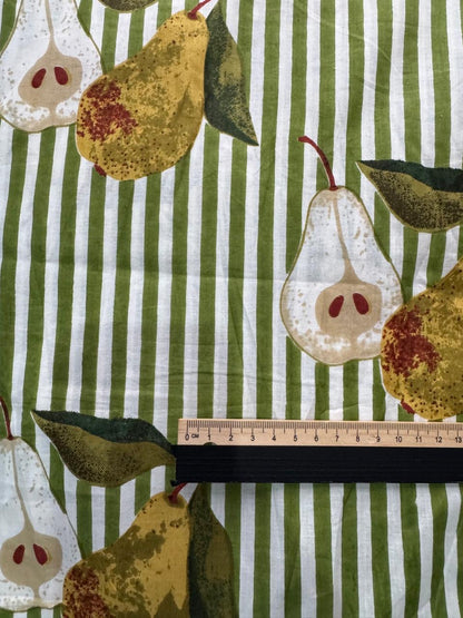 Cotton Screen Print Fabric - Green Stripe With Pears