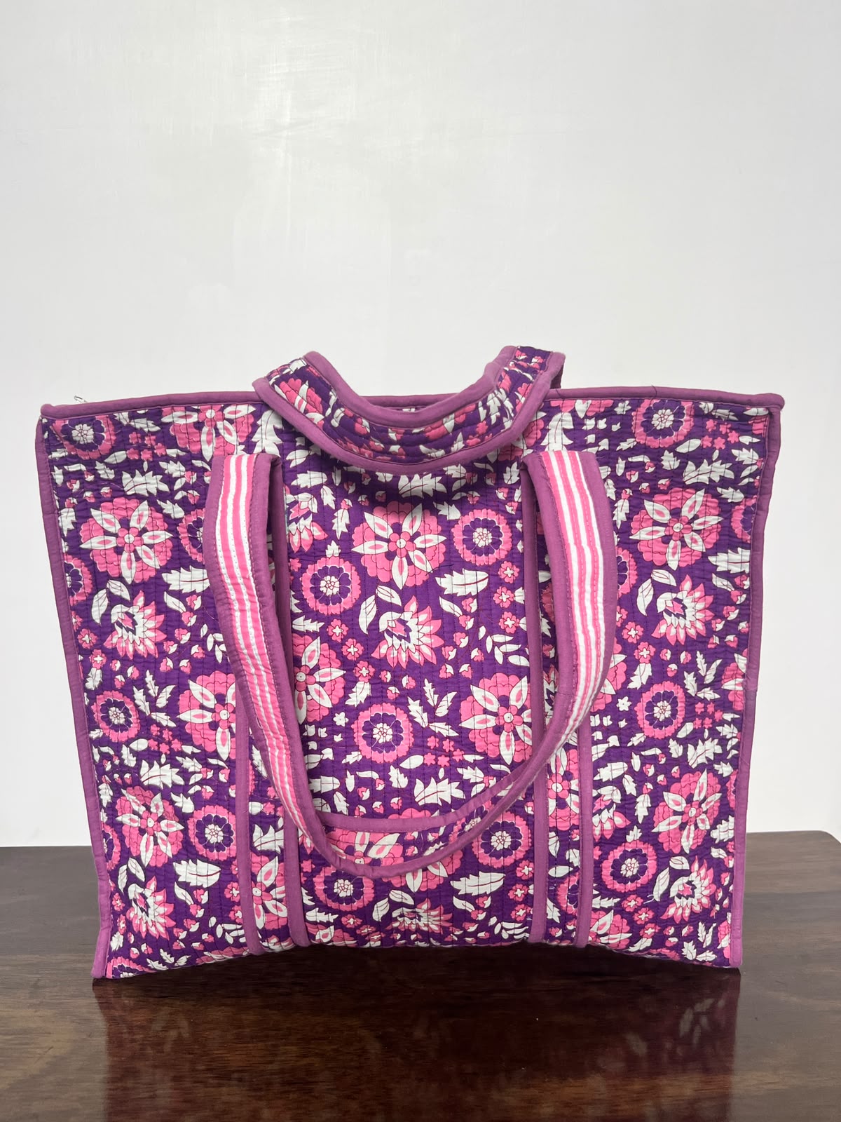 Large Quilted Tote Bag With Zip - Pink & Purple Floral