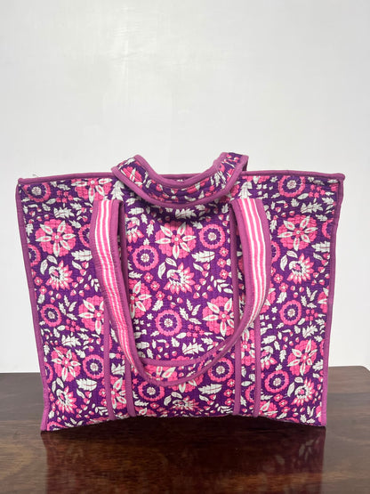 Large Quilted Tote Bag With Zip - Pink & Purple Floral