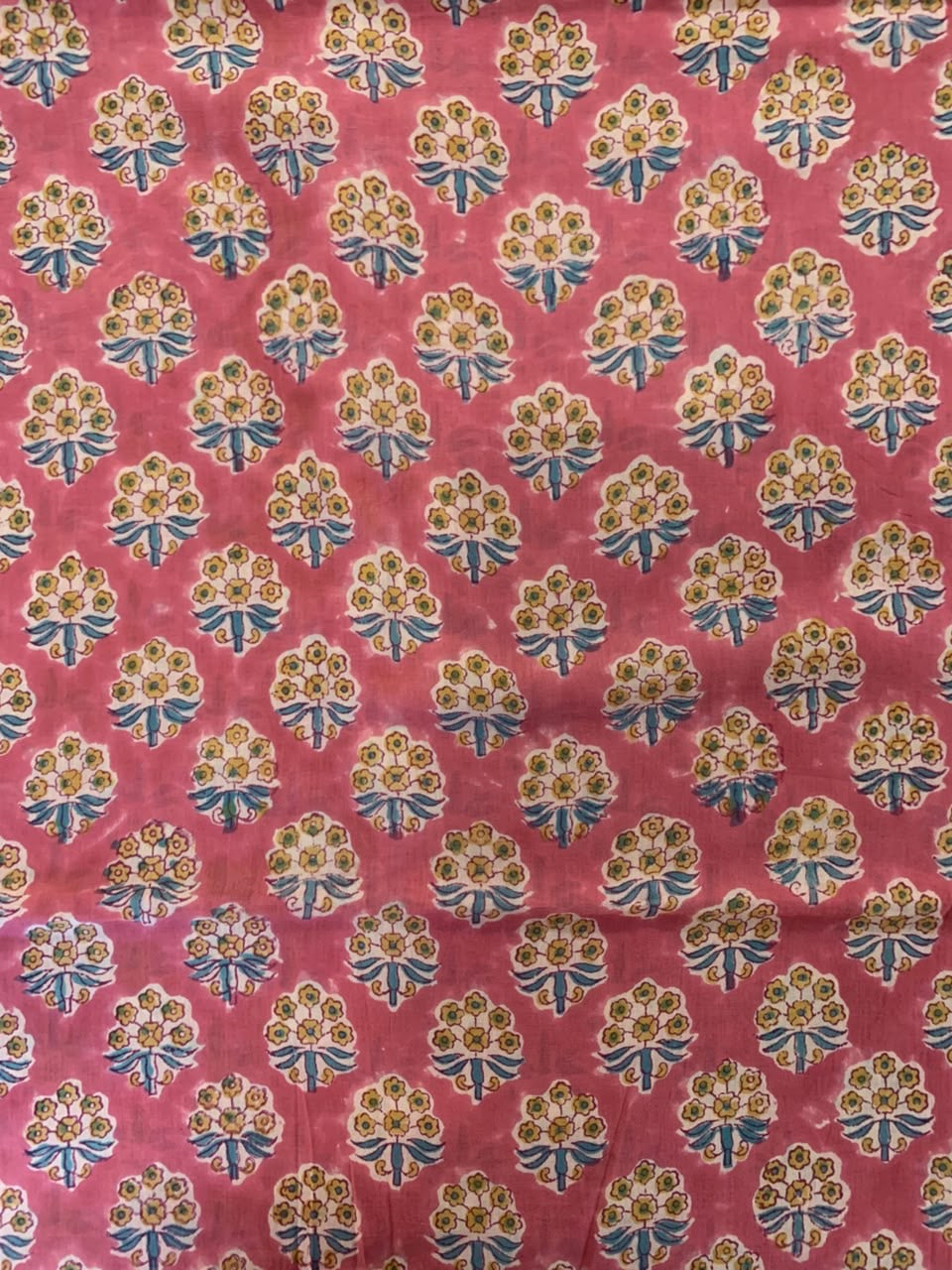 Indian Block Print Cotton Fabric - Coral With Small Yellow Floral