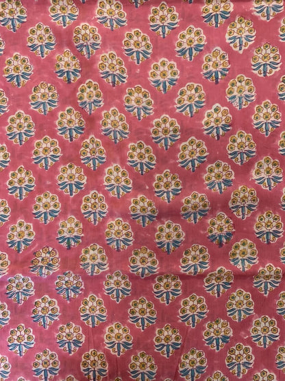 Indian Block Print Cotton Fabric - Coral With Small Yellow Floral