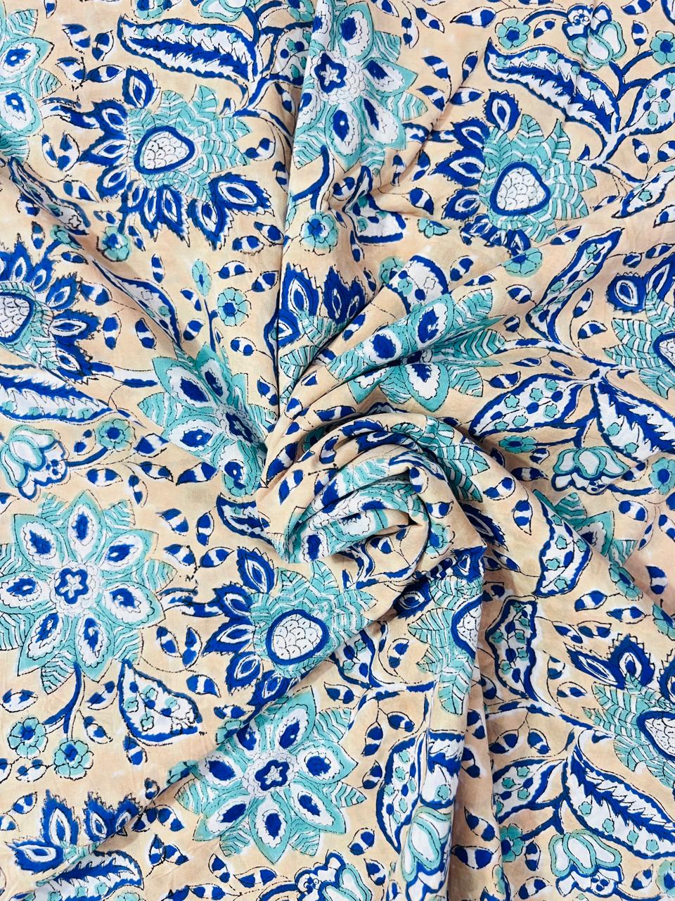 Indian Block Print Cotton Fabric - Blue & Beige