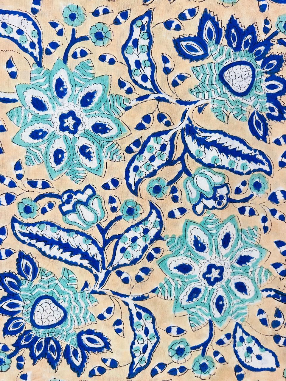Indian Block Print Cotton Fabric - Blue & Beige