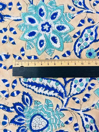 Indian Block Print Cotton Fabric - Blue & Beige