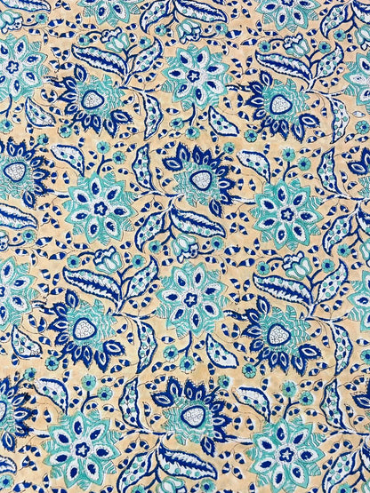 Indian Block Print Cotton Fabric - Blue & Beige