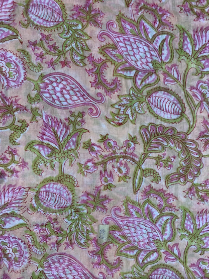 Indian Block Print Cotton Fabric - Pink Bell Floral on Cream