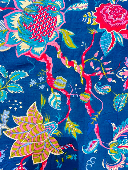 Cotton Screen Print Fabric - Navy With Bold Floral