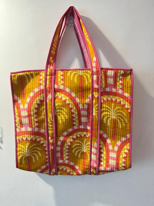 Large Quilted Tote Bag With Zip - Yellow & Pink Beach Vibe
