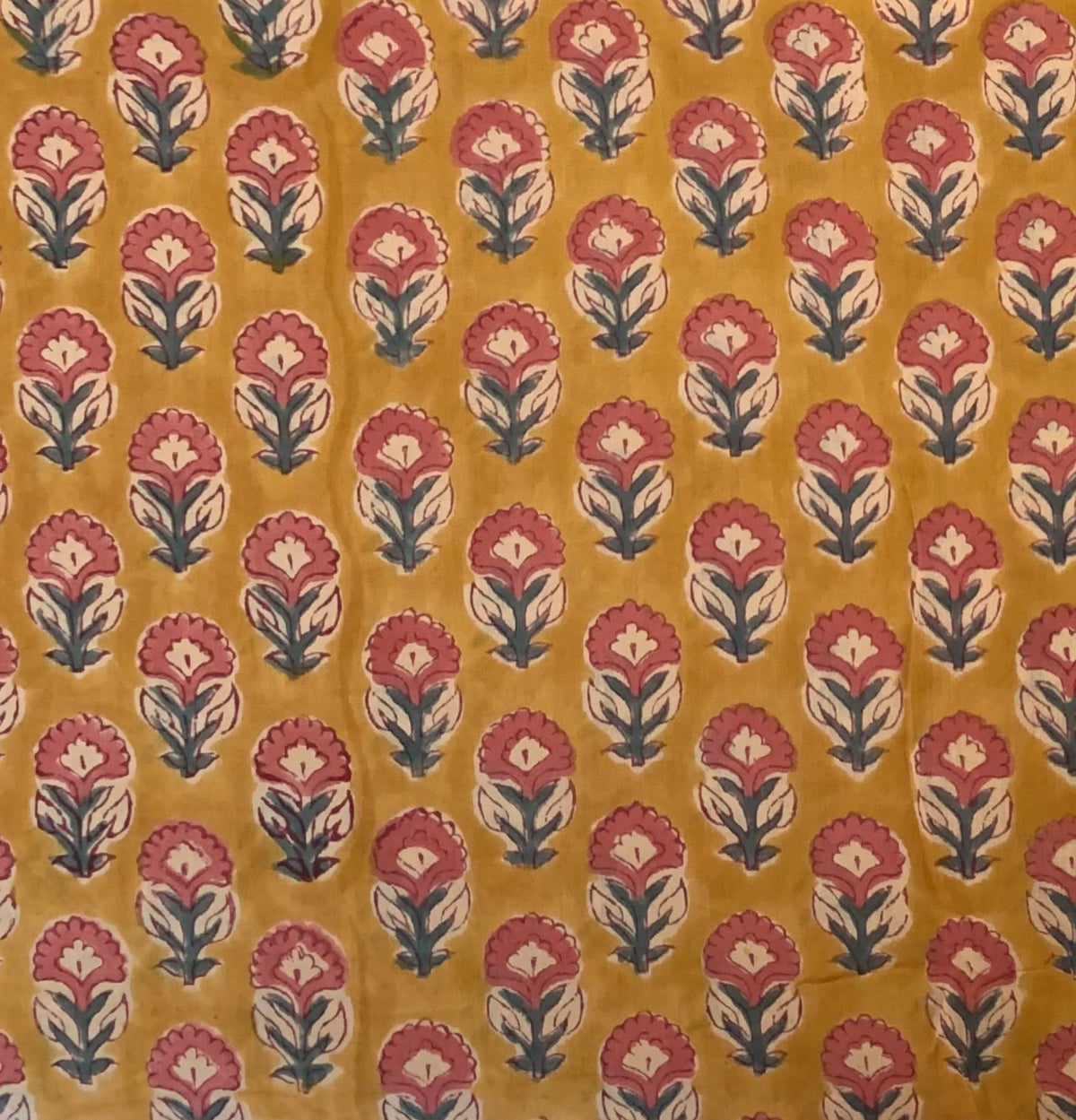 Indian Block Print Cotton Fabric - Mustard With Small Pink Floral