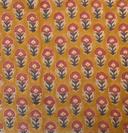 Indian Block Print Cotton Fabric - Mustard With Small Pink Floral