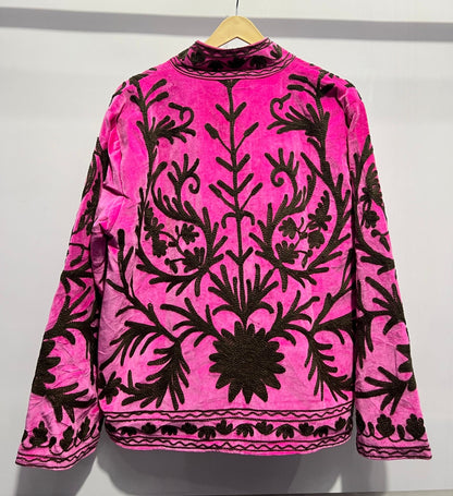 Suzani Embroidered Velvet Jacket - Hot Pink With Brown Floral