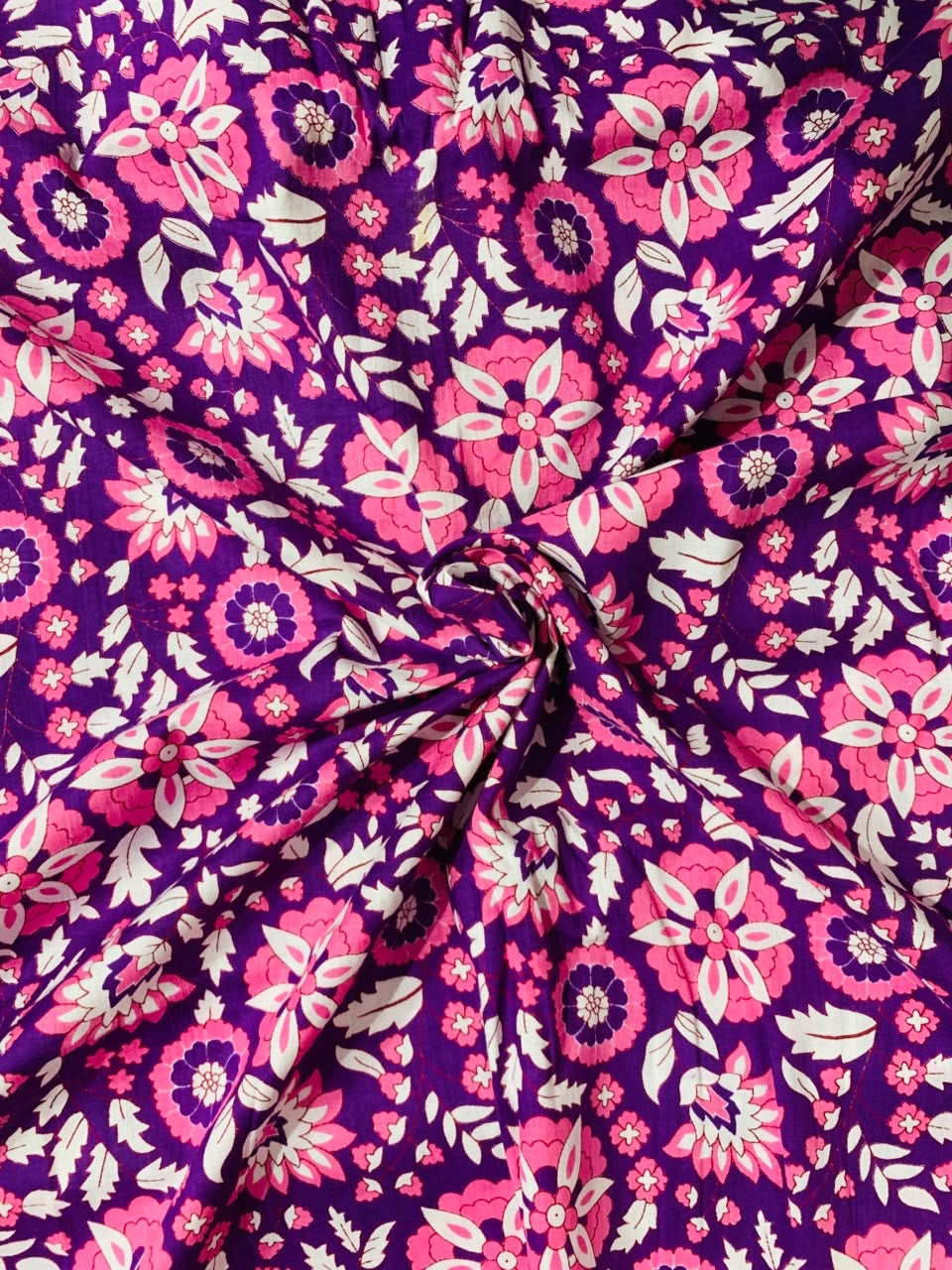 100% Indian Cotton Fabric - Hot Pink & Purple Floral