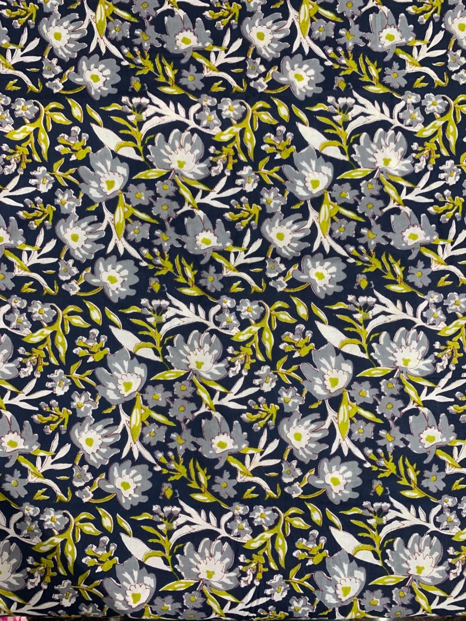 100% Indian Cotton Fabric - Navy With Grey Floral