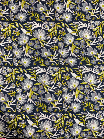 100% Indian Cotton Fabric - Navy With Grey Floral