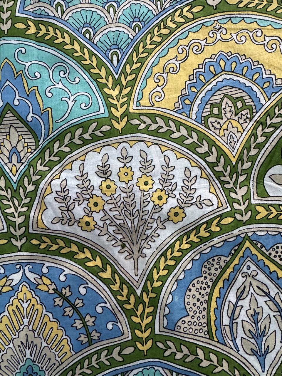 Cotton Screen Print Fabric - Turquoise, Yellow and Green Floral Scallop