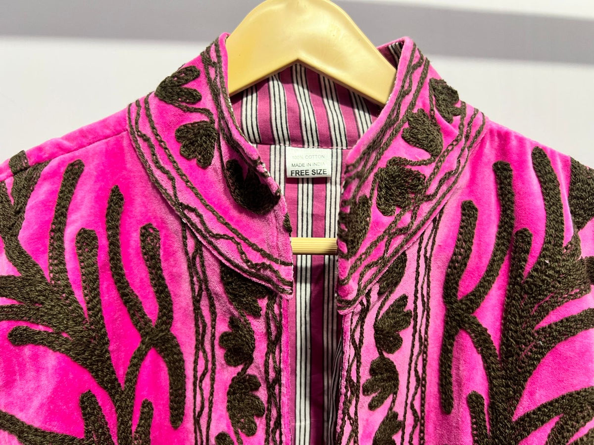 Suzani Embroidered Velvet Jacket - Hot Pink With Brown Floral