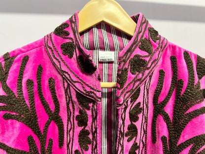 Suzani Embroidered Velvet Jacket - Hot Pink With Brown Floral