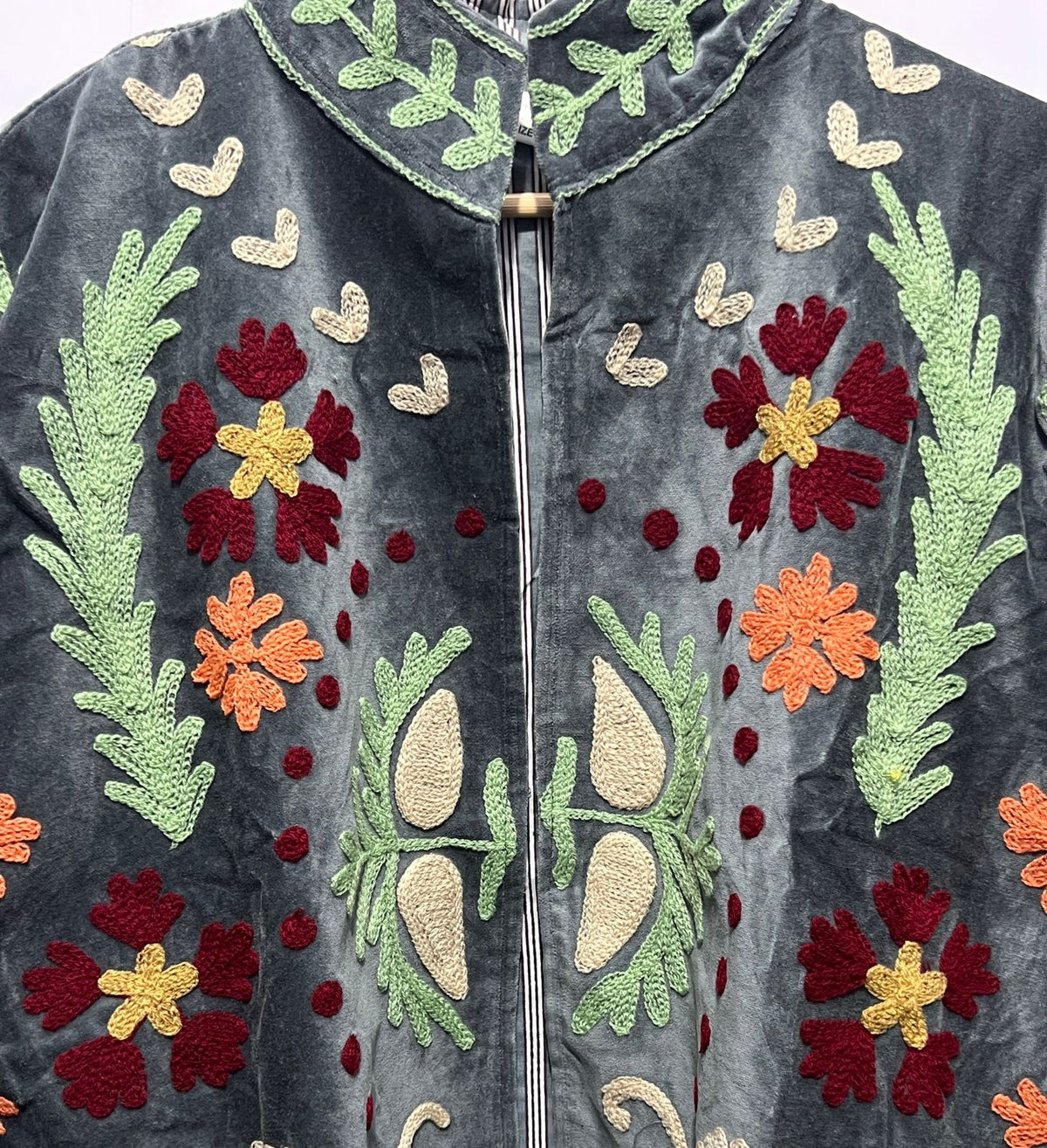 Suzani Embroidered Velvet Jacket - Dark Grey - Love