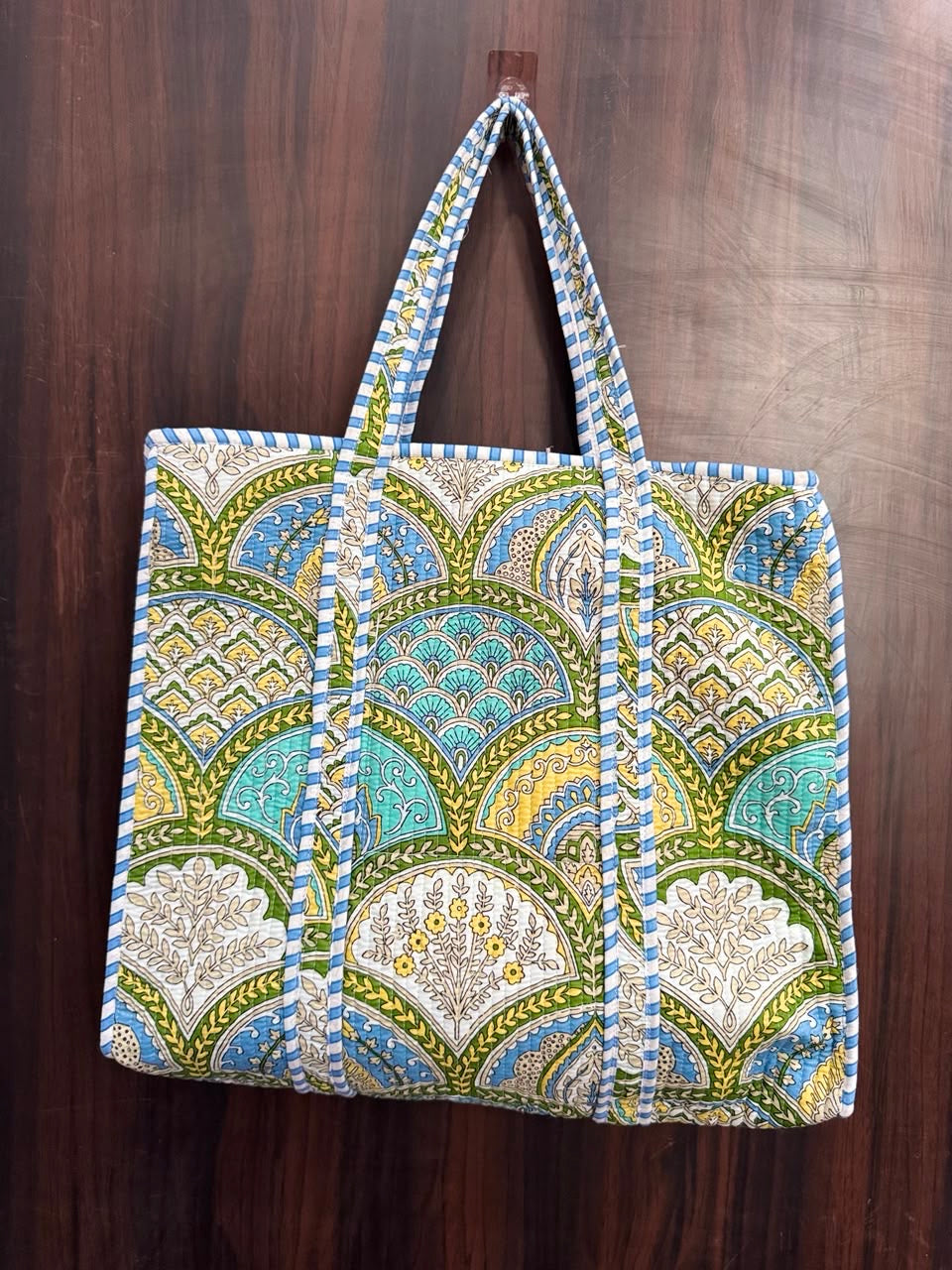Large Quilted Tote Bag With Zip - Green, Turquoiuse & Yellow Scallop