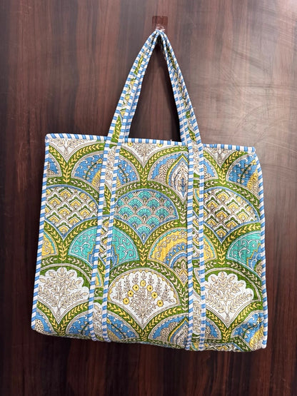 Large Quilted Tote Bag With Zip - Green, Turquoiuse & Yellow Scallop
