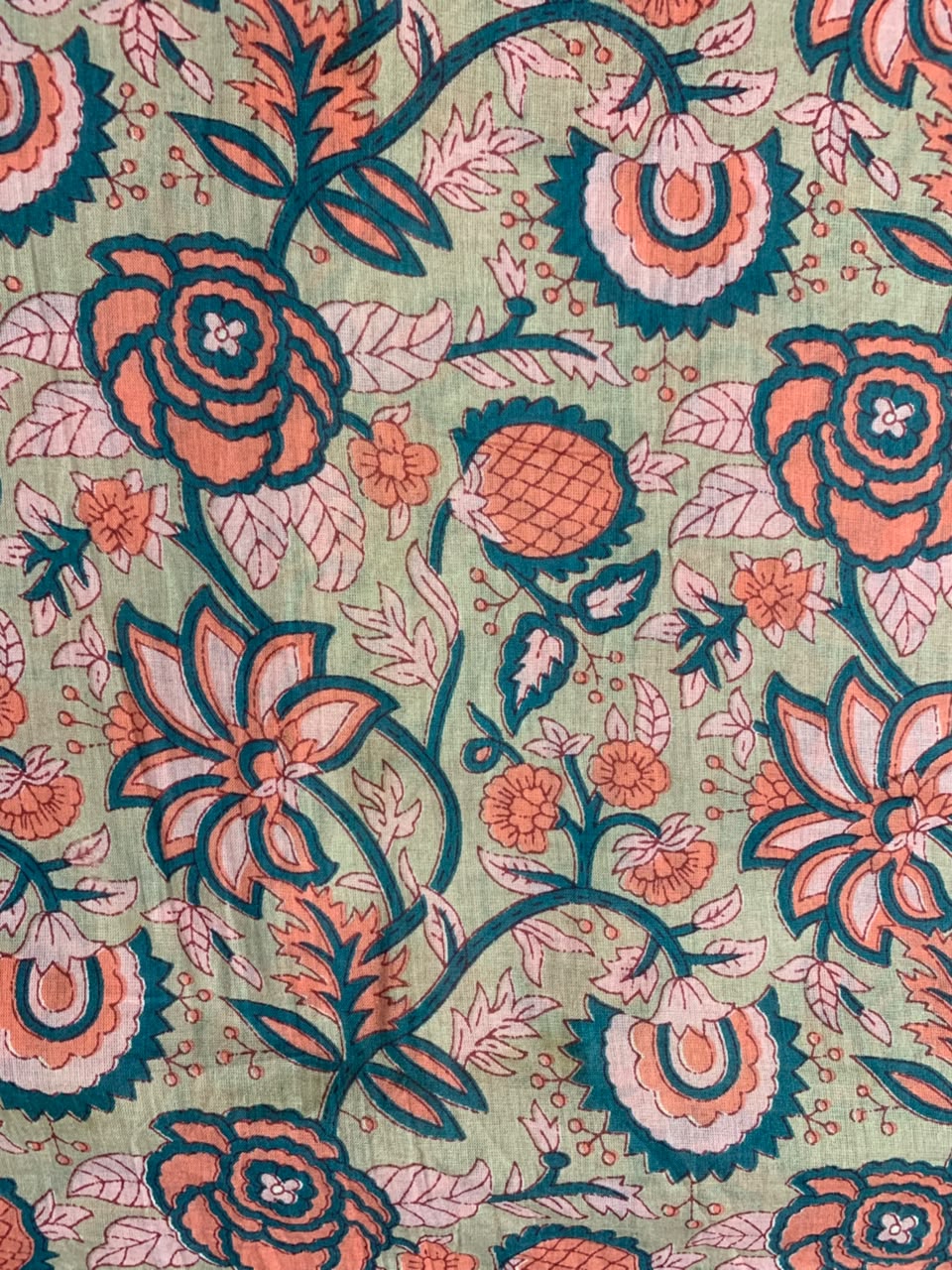 Indian Block Print Cotton Fabric - Beige With Orange & Peach Floral