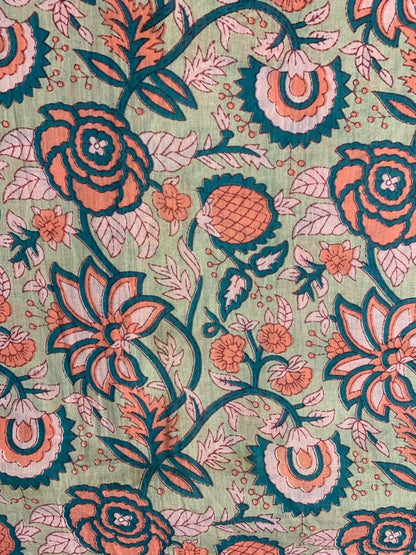 Indian Block Print Cotton Fabric - Beige With Orange & Peach Floral