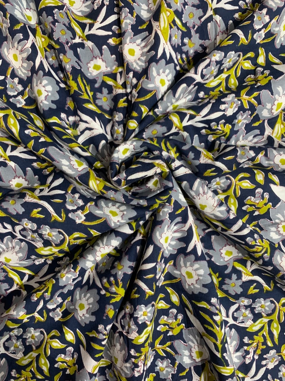 100% Indian Cotton Fabric - Navy With Grey Floral